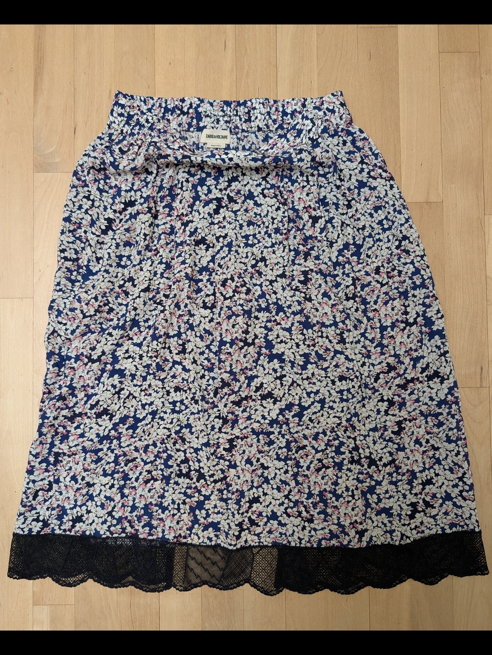 Zadig & Voltaire Navy Floral Midi Skirt with Black Lace Trim